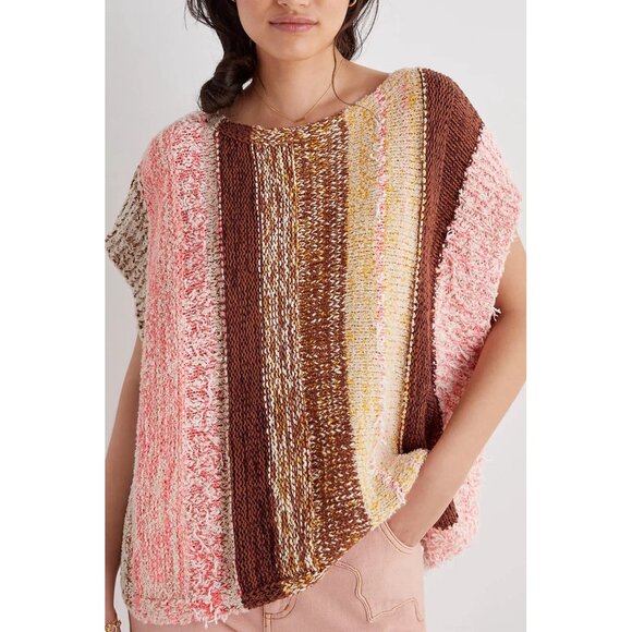 Anthropologie Knit Striped Poncho Sweater Top Boho Pink Pullover S/L Oversized - Picture 1 of 12